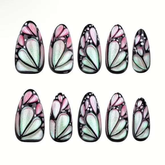 Butterfly Wing Press On Nail 3D Art, 24 pc Medium Sz, Short Almond Reusable NWT - Picture 3 of 11
